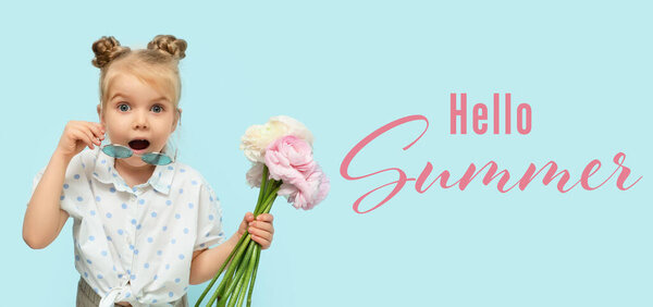 Shocked little girl with bouquet of beautiful flowers and text HELLO, SUMMER on light blue background