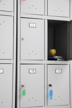 Okulda elmalı ve kitaplı modern dolap, yakın plan.