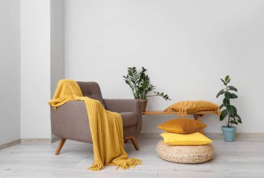 Oturma odasında rahat koltuk ve yumuşak yastıklar.