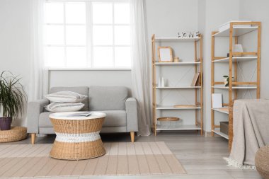 Kanepesi ve yumuşak yastıkları olan modern bir oturma odası.