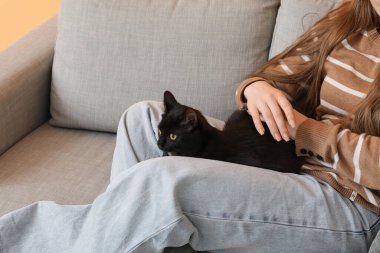 Oturma odasındaki kanepede oturan sevimli siyah kedili kadın.
