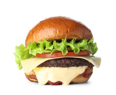 Beyaz arka plan üzerinde izole lezzetli burger