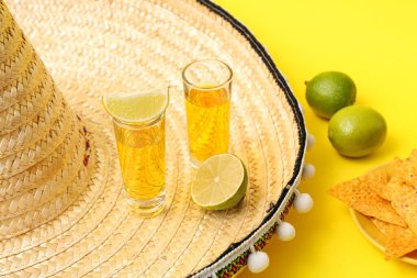 Sarı arka planda tekila, limon ve şapka.