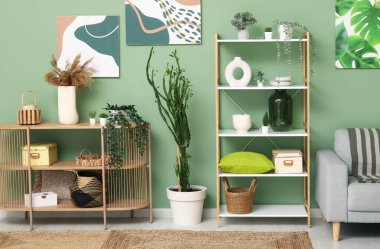 Oturma odasının içinde askı ve yeşil duvarın yanında bitkiler var.