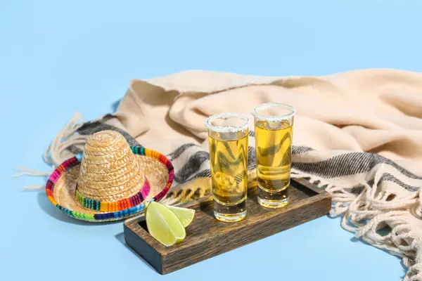 Shots Tequila Sombrero Hat Blue Background — Stock Photo, Image