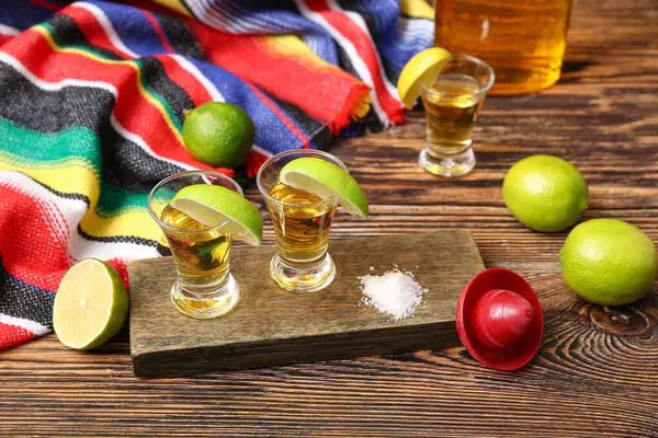 Shots Tequila Slices Lime Salt Wooden Background — Stock Photo, Image