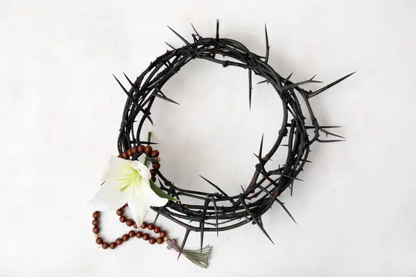 Crown Thorns Lily Prayer Beads White Background — Stock Photo, Image