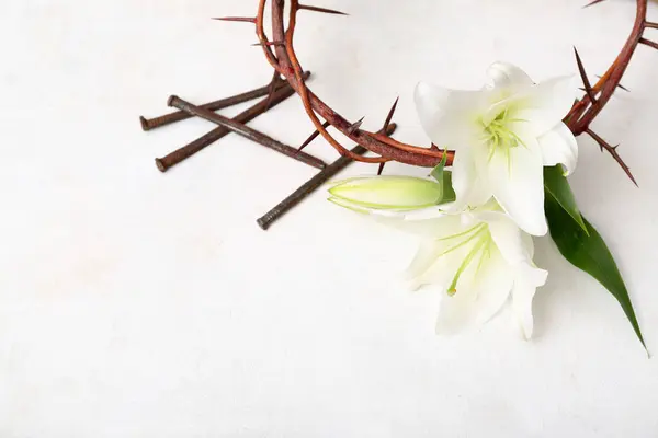 Composition Crown Thorns Lilies Nails White Background — Stock Photo, Image