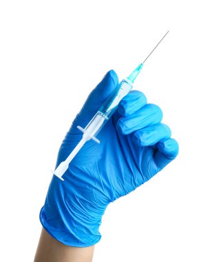 Female doctor with medical syringe on white background