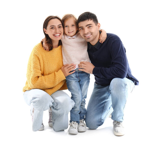 Happy family dreaming about their new house on white background
