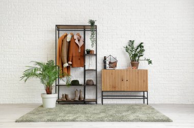 Ilık kadın giysileri, ayakkabıları ve çiçekleri olan şık bir aydınlatma odası.