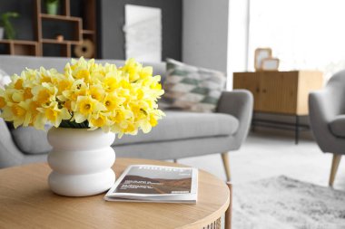 Nergisli vazo ve dergi oturma odasında, yakın plan.