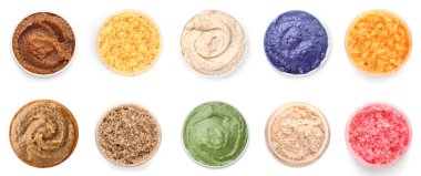 Beyaz arkaplanda farklı doğal önlükler, üst görünüm