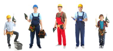 Erkek işçilerin kolajı ve beyaz arka planda elektrikli matkapları olan küçük çocuk.