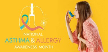 Young woman with inhaler on yellow background. Banner for National Asthma and Allergy Awareness Month clipart