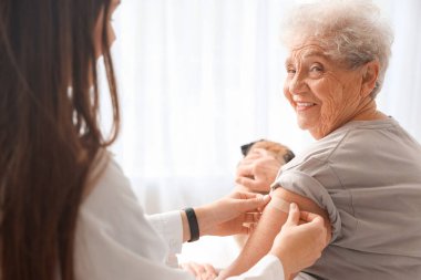 Kadın doktor yatak odasında iğne yaptıktan sonra yaşlı kadına köpekli alçı uyguluyor.