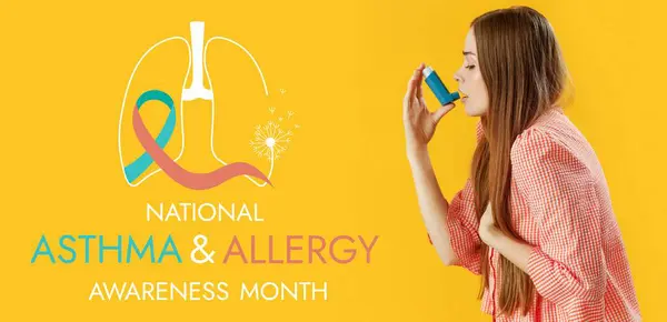stock image Young woman with inhaler on yellow background. Banner for National Asthma and Allergy Awareness Month