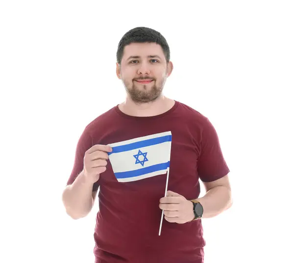 Young Jewish Man Flag Israel White Background — Stock Photo, Image