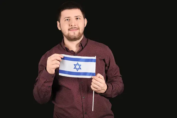 Young Jewish Man Flag Israel Black Background — Stock Photo, Image
