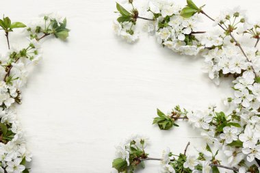 Beyaz ahşap arka plan üzerinde güzel çiçek dalları yapılmış çerçeve