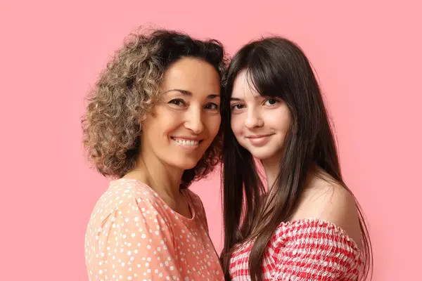 Beautiful Mature Woman Her Teenage Daughter Pink Background Mother Day Stock Image