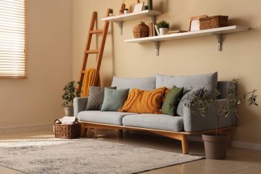 Rahat kanepesi, yastıkları, saksısı ve rafları olan modern oturma odası.