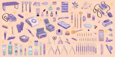 Pembe arka planda profesyonel manikür ustası seti