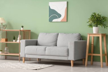 Oturma odasının iç dekorasyonu yumuşak kanepe ve renkli duvarın yanındaki raf ünitesi.