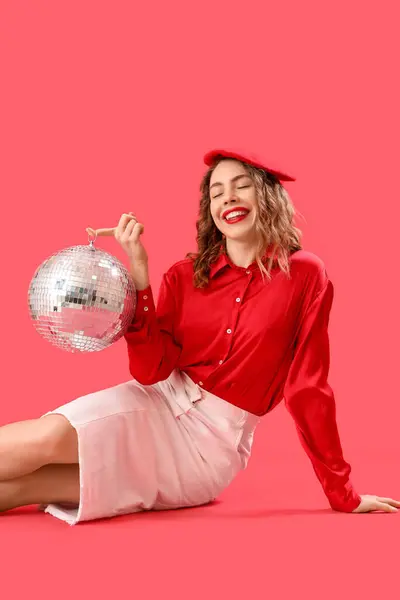 Beautiful Young Happy Stylish Woman Disco Ball Sitting Red Background — Stock Photo, Image