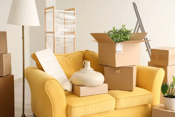 Cardboard Boxes Sofa Living Room Prepared House Moving Closeup — Stock Photo, Image
