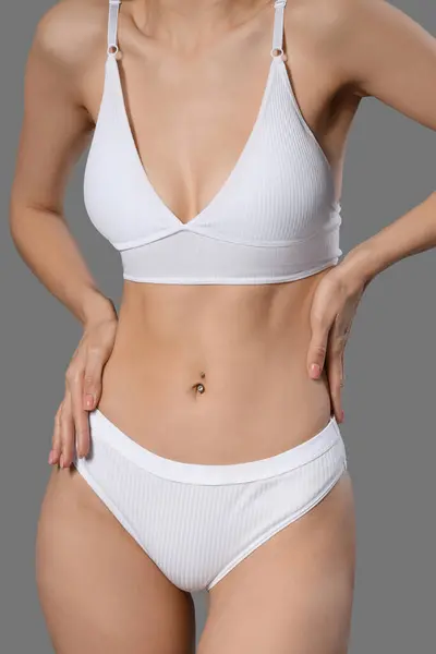 Slim Young Woman White Cotton Underwear Grey Background — Stock Photo, Image