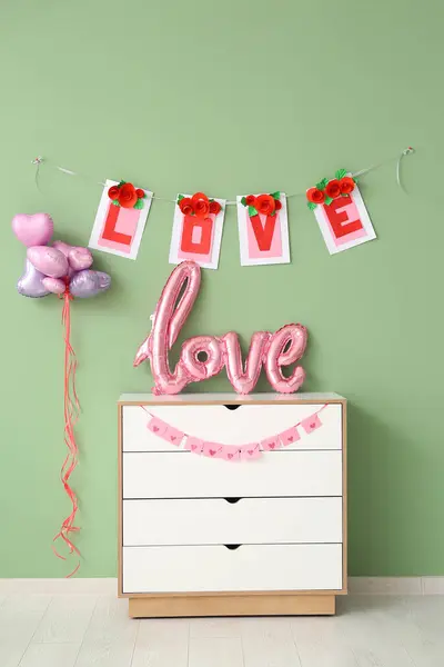 Chest Drawers Word Love Made Balloons Bunting Green Wall Valentine — Stock Photo, Image