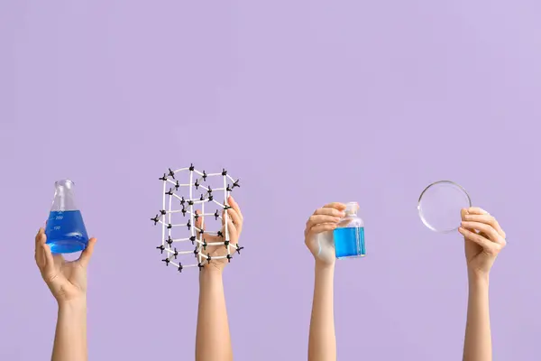 分子モデル ペトリ皿で満たされたフラスコを保持する女性の手 化学レッスンコンセプト — ストック写真