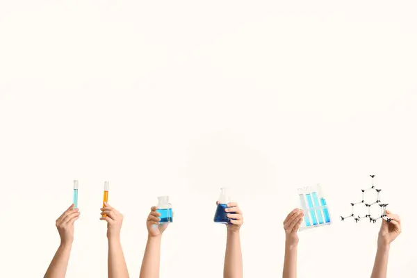白い背景にボトル テスト管および分子モデルが付いている満ちたフラスコを握る女性の手 化学レッスンコンセプト — ストック写真