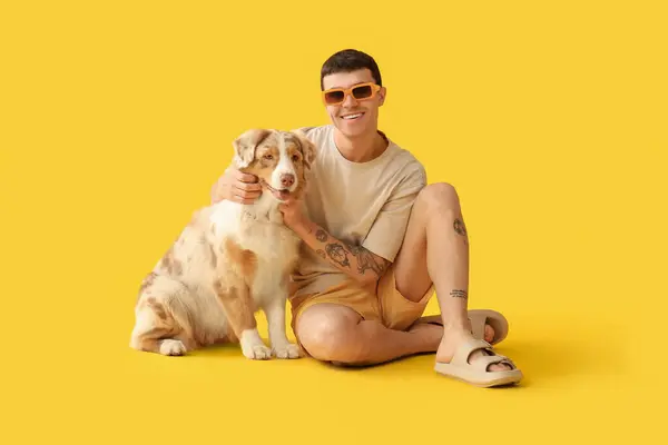 黄色い背景に座っているオーストラリアのシェパード犬とサングラスで若い男 — ストック写真