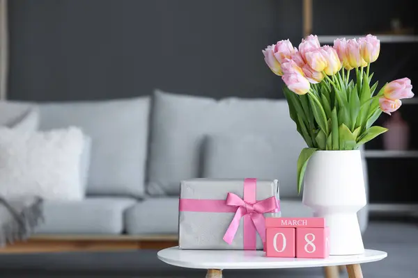 Calendar Date International Women Day Tulips Gift Box Table Living — Stock Photo, Image