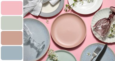 Pembe arka planda filizlenen dalları olan güzel bir masa. Farklı renk desenleri