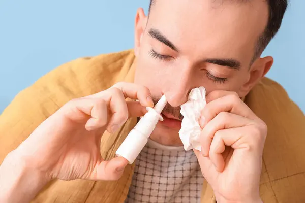 Ill Young Man Tissue Using Nasal Drops Home Closeup — Stock Photo, Image