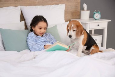 Küçük tatlı Asyalı kız ve yatak odasında Beagle köpeği kitap okuyor.