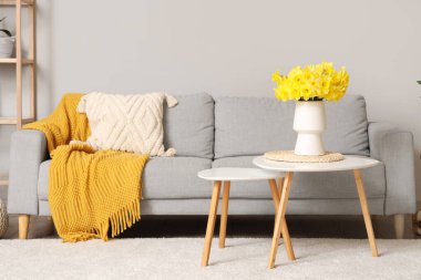 Gri kanepe ve kahve masası. Oturma odasında narsisli çiçek vazosu.