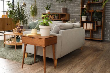 Oturma odasındaki masada kitap olan yeşil bitki.