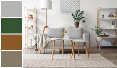 Oturma odasının içinde kanepe, raflar ve masa var. Farklı renk örnekleri