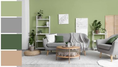 Rahat kanepesi, koltuğu ve masası olan modern oturma odası. Farklı renk örnekleri