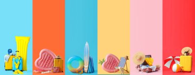 Renkli arka planda seyahat ve plaj aksesuarları kolajı