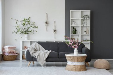 Oturma odasının şık bir iç mekanı. Kanepesi ve çiçek açan dalları olan kahve masası.