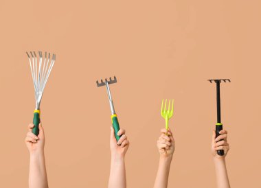 Renkli arka planda farklı bahçe tırmıkları olan kadın elleri