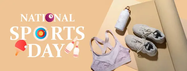 stock image Banner for National Sports Day with top, yoga mat, shoes and bottle of water