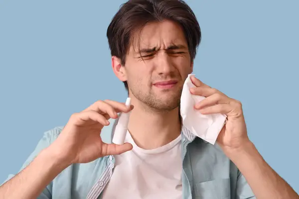 Sick Young Man Nasal Drops Tissue Home Closeup — Stock Photo, Image
