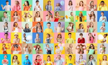 Renkli arka planda duygusal küçük çocukların büyük kolajı