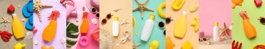 Renkli arka planda bebek oyuncakları, aksesuarlar ve güneş kremi.